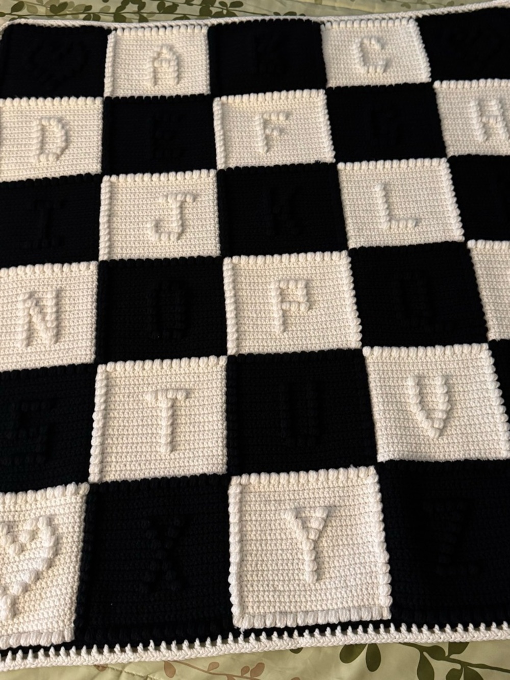 Handmade Black and White Crochet Alphabet Blanket
